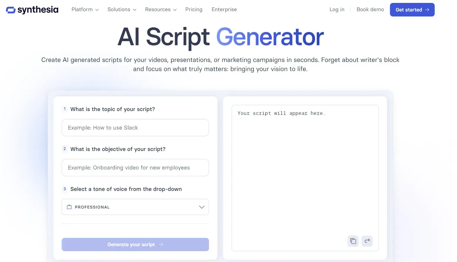 Synthesias AI video script writer
