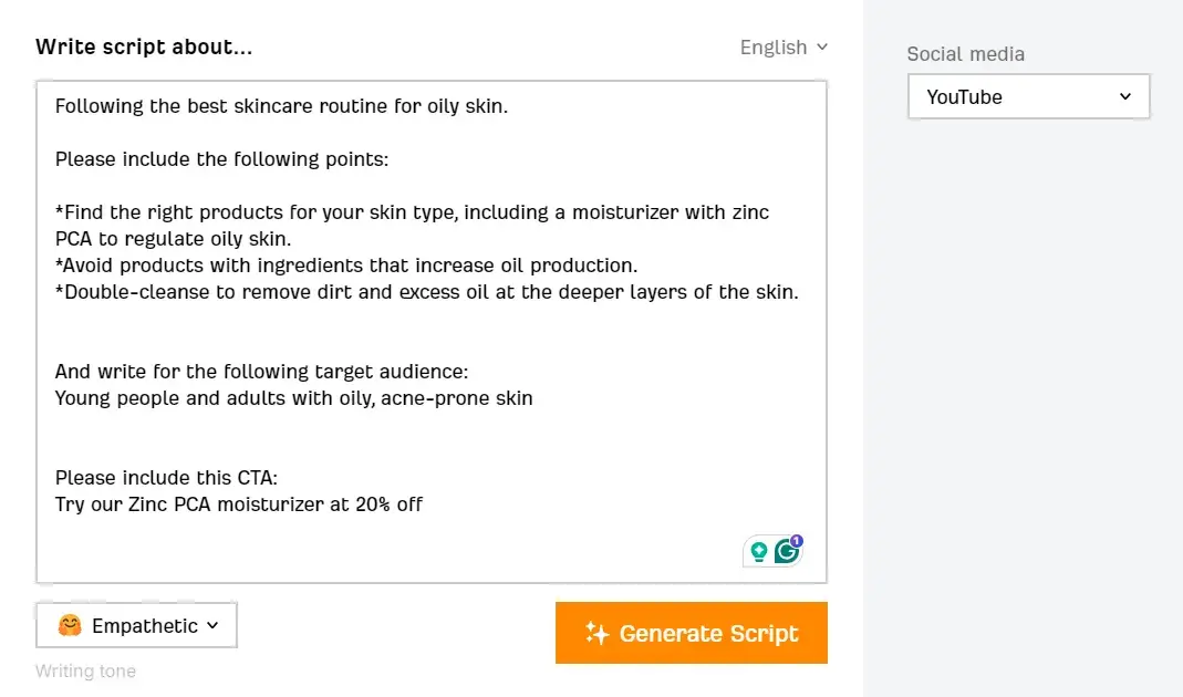how to write a video script with ai: Inputting the tone empathetic into Ahrefs video script generator 