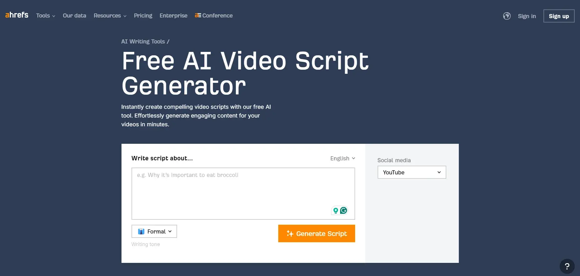how to write a video script with ai: An example of Ahrefs video script generators prompt box 