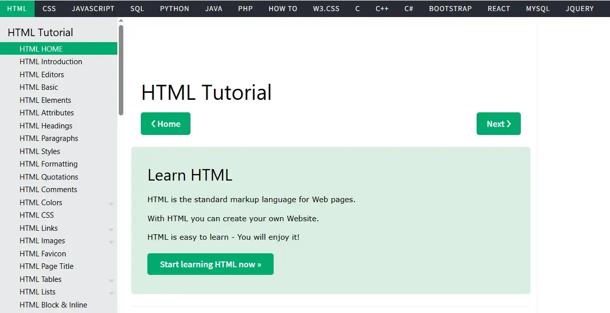 html for beginners, screenshot of w3school’s html tutorial