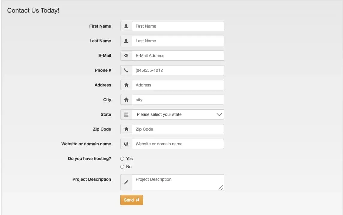 free html form template with first name, last name, email, phone number, address, city, state, zip code, website, project description