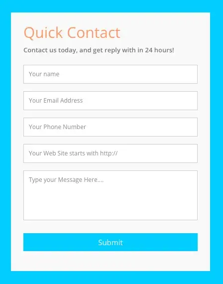 free html form template for quick contact with name, email address, phone number, and message