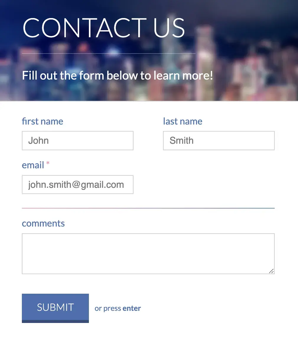 free html contact form template with first name, last name, email, and comments