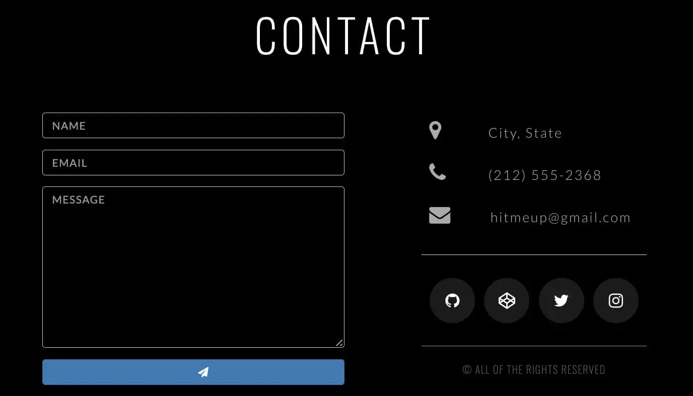 contact form with name, email, message, and social media links