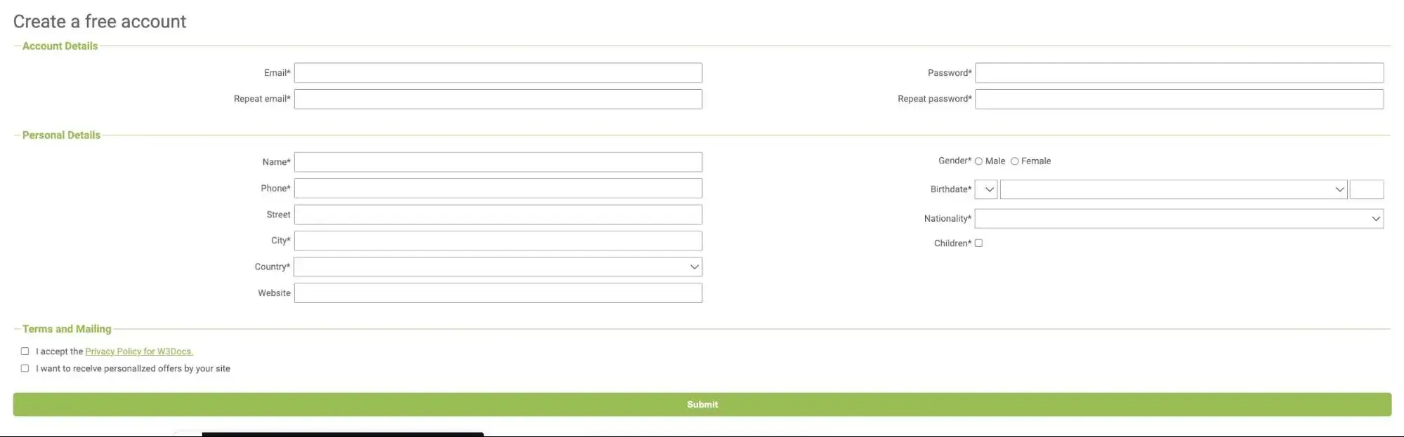 create a free account with account details like email/password, and personal info like name, phone, street, city, country, website, gender, birthday, nationality, and children