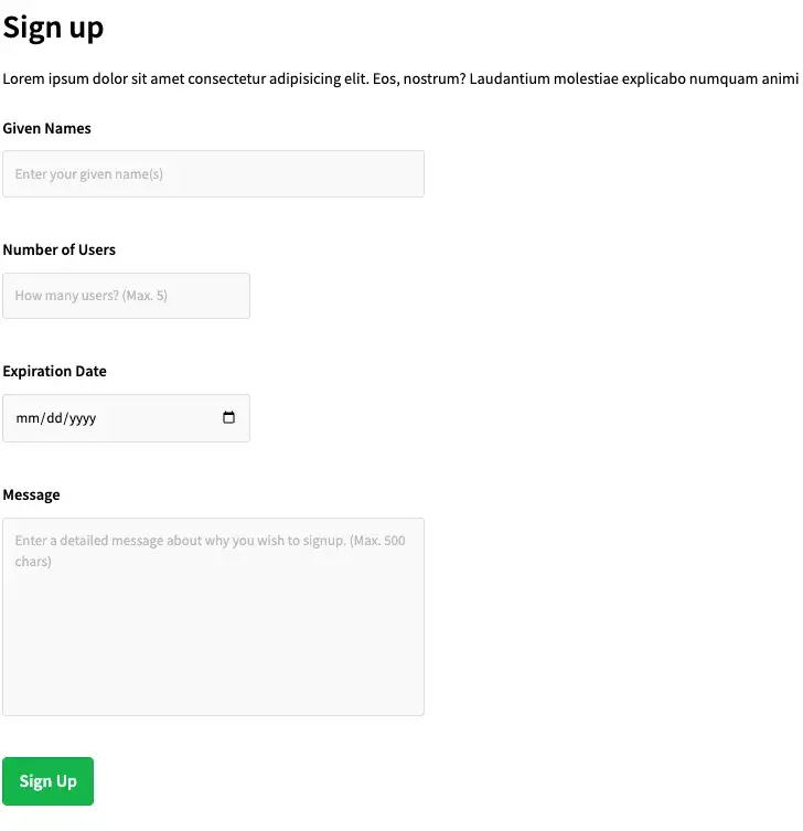 simple html sign up form with four input fields