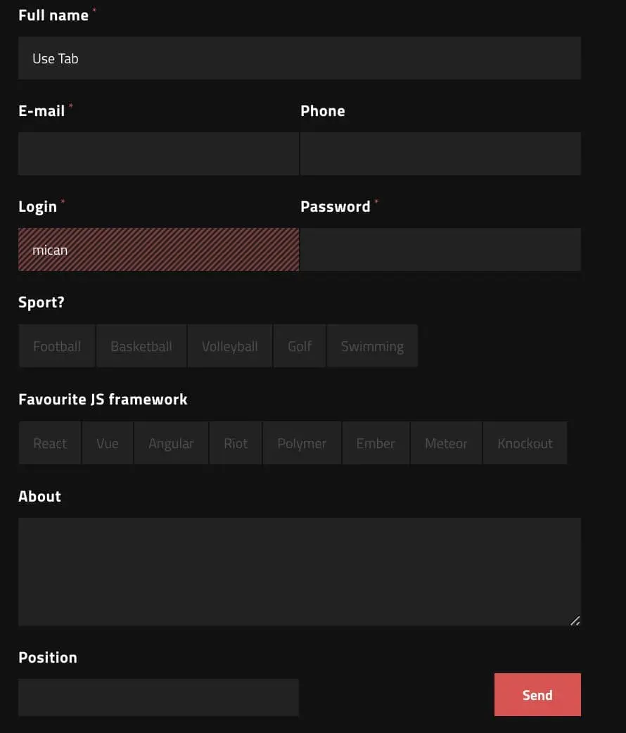 html form template with message input fields and multi-choice options