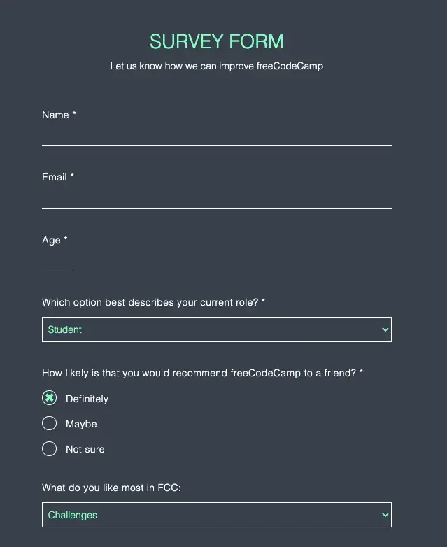 free html form template for survey with different input field types like message, dropdown, and checkboxes