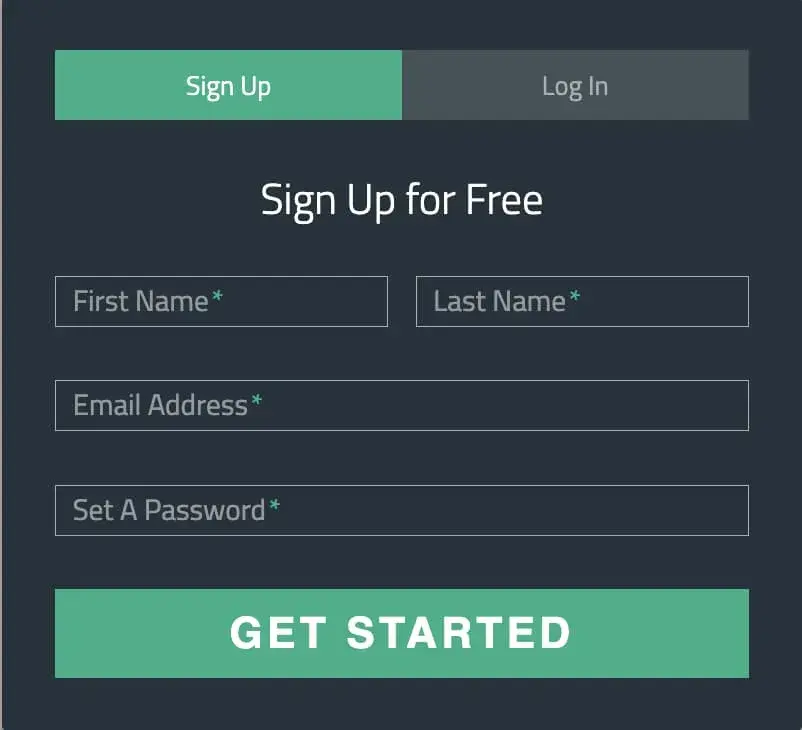 free html form template, sign up and login form with input fields for first/last name, email address, set a password, and a get started button