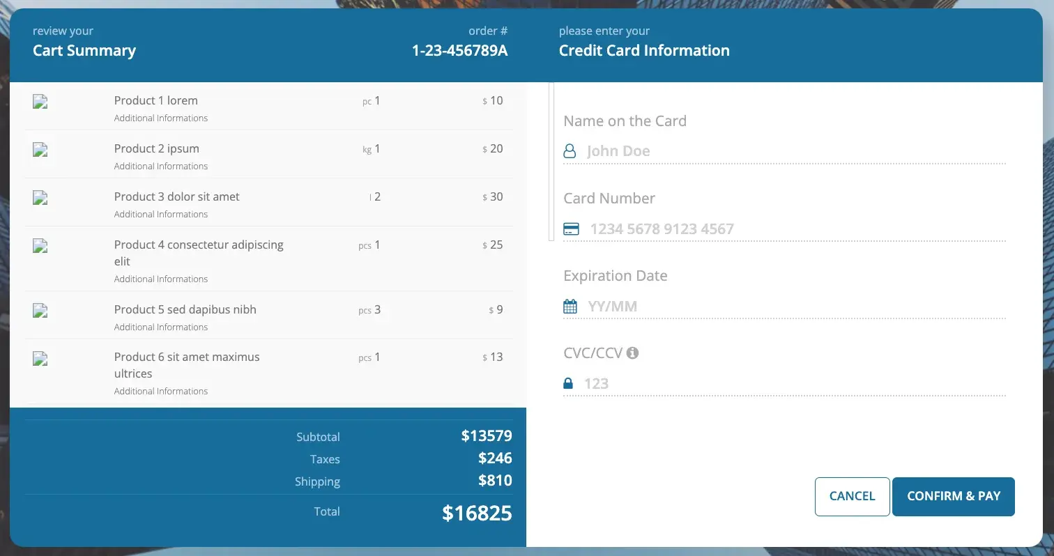 html payment template with cart and payment information