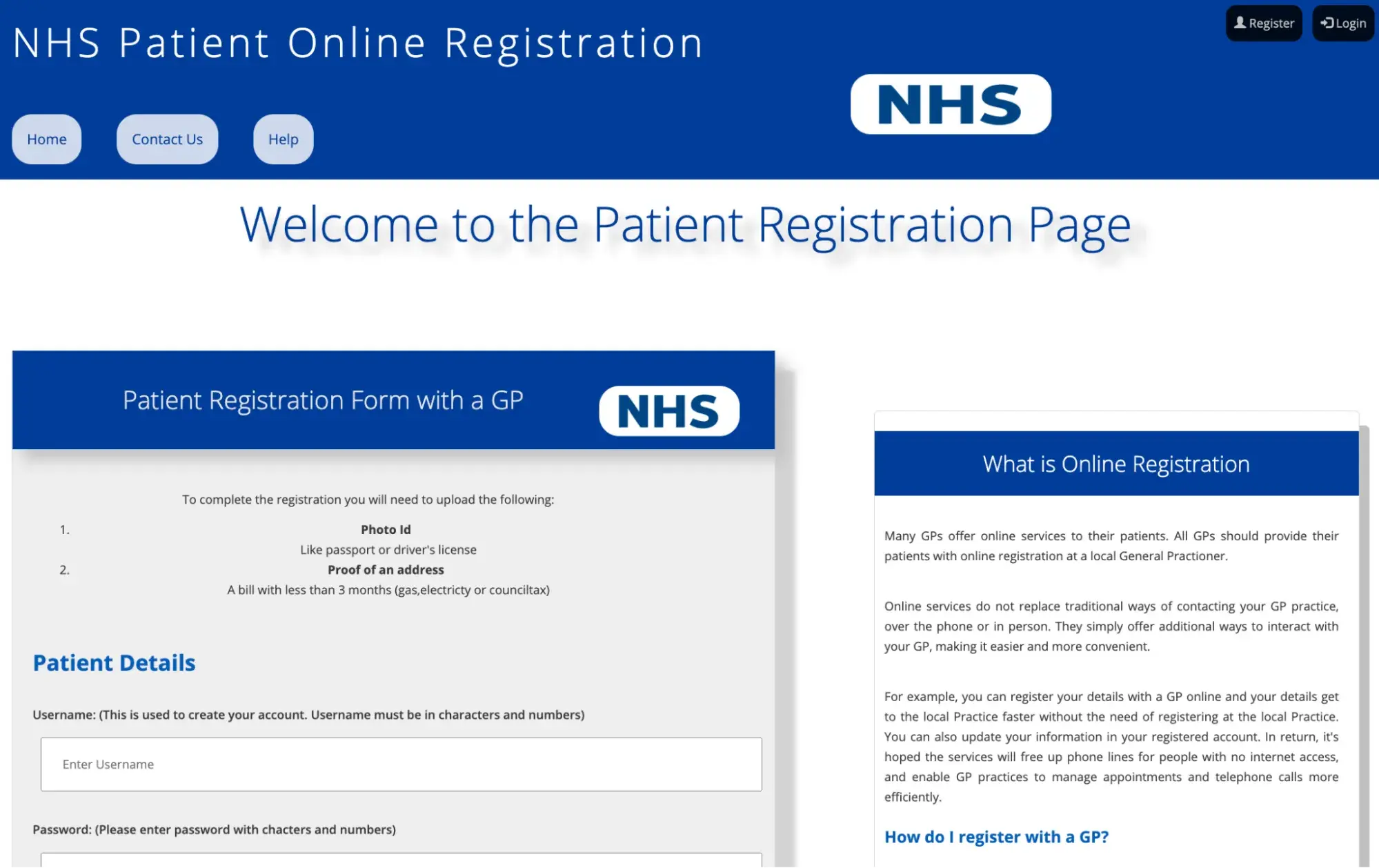 html form template for patient registration mimicking nhs
