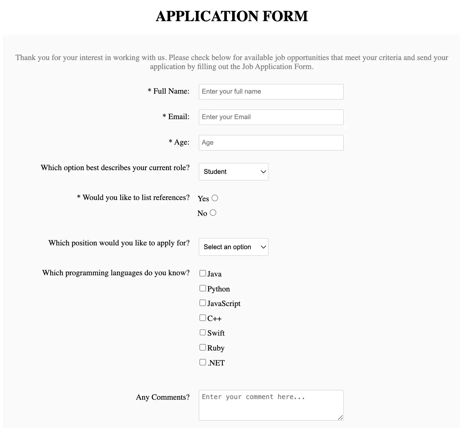 free html form template for job application with white background and purple cta
