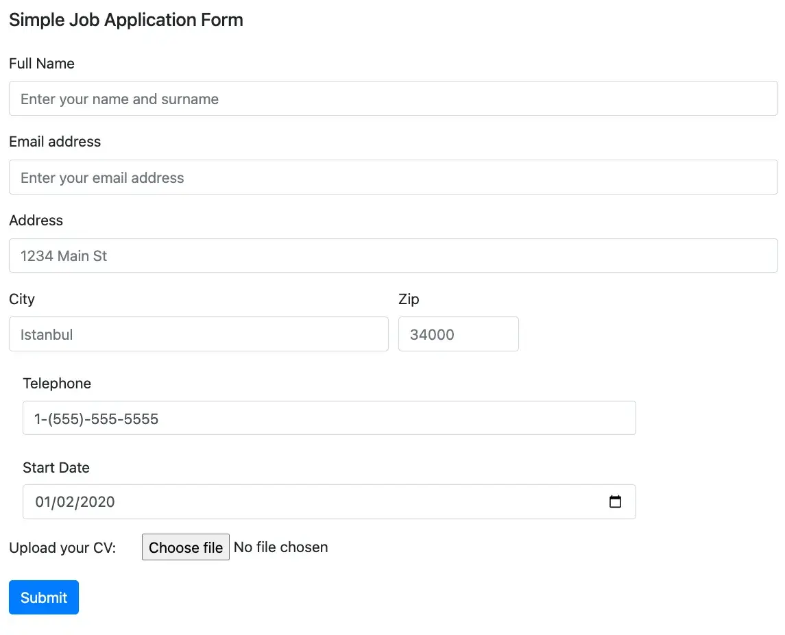 job application html form template with input fields and file attachment