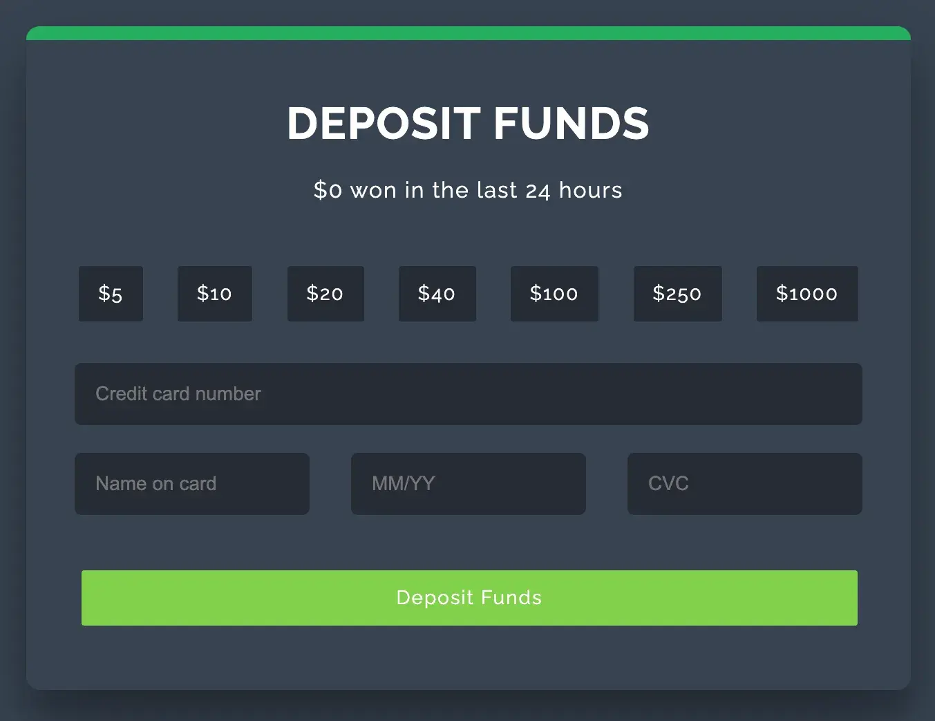 donation form html template with input fields for donation size and credit card information