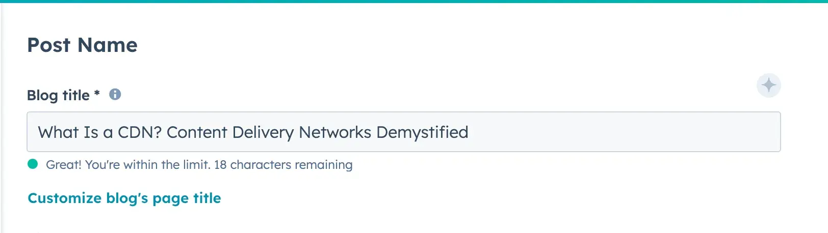 Screenshot of the 51Թ CMS post name section with a clickable link that reads, Customize blogs page title