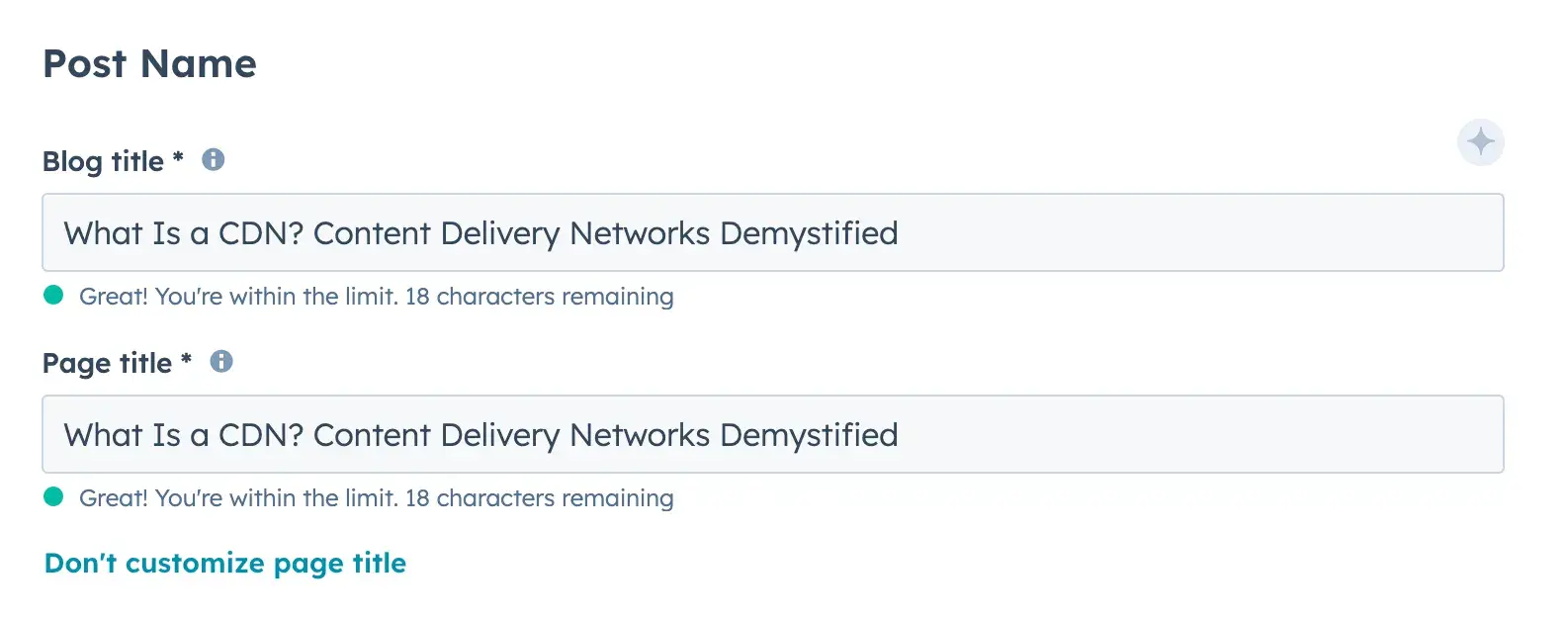 Screenshot of the 51Թ CMS post name section with one field for Blog title and a separate field for Page title