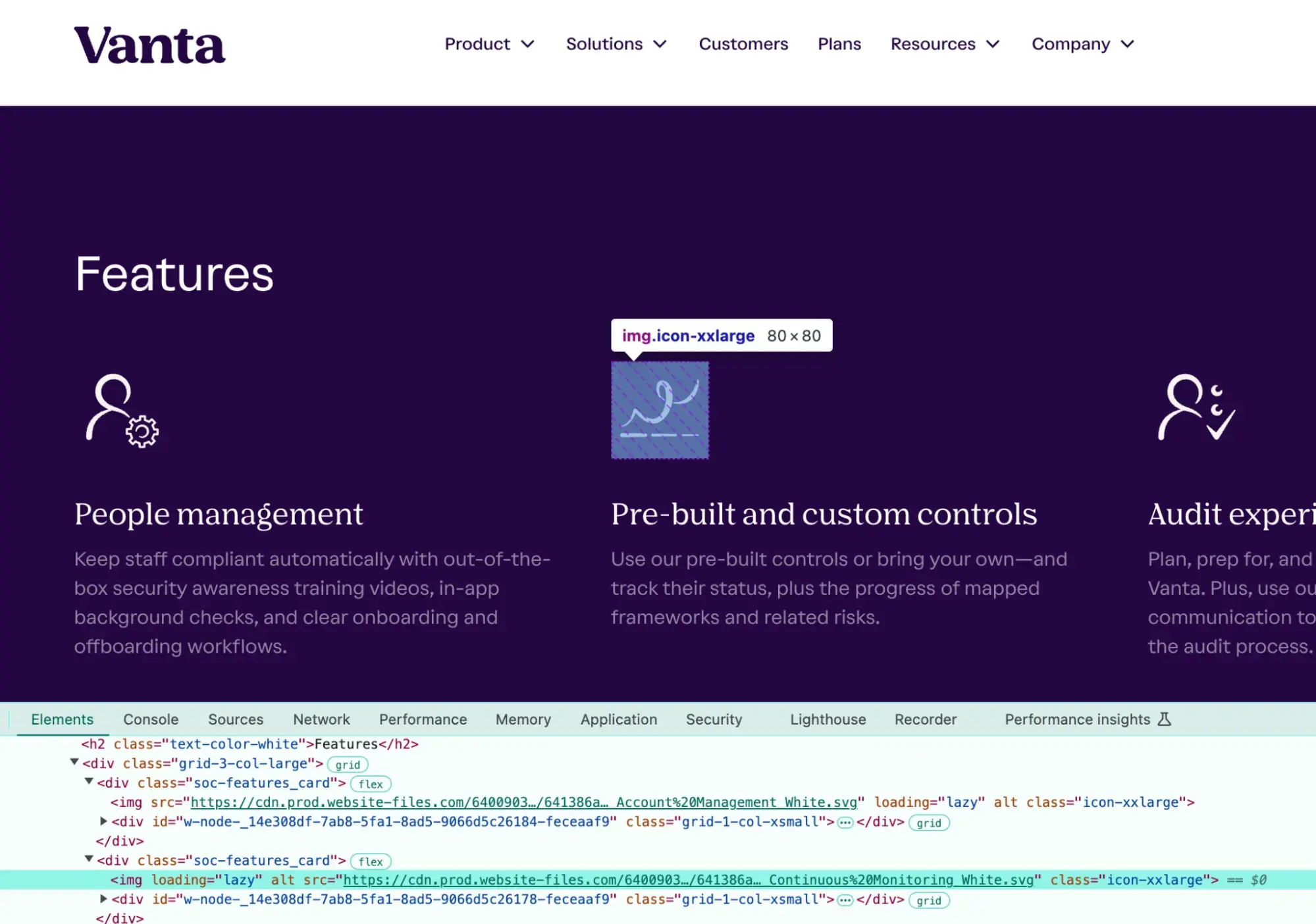 Vantas website with the Inspect Element tool showing an empty alt tag