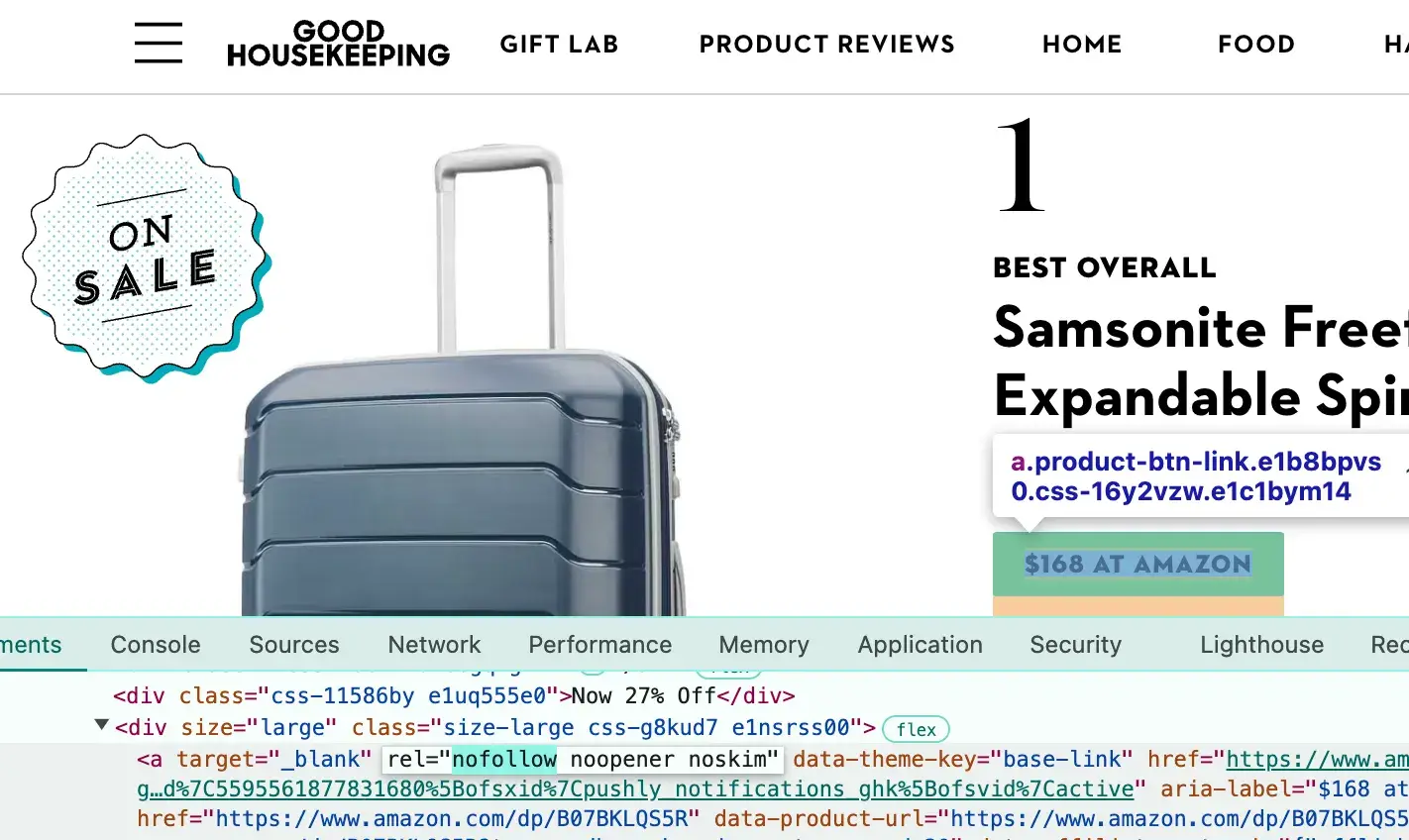 Inspect Element tool showing the nofollow tag on a Good Housekeeping web page