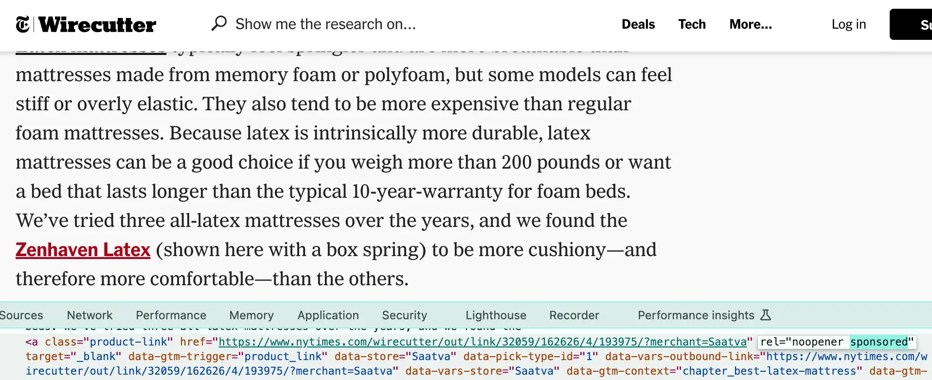 Inspect Element tool showing the sponsored tag on a Wirecutter web page