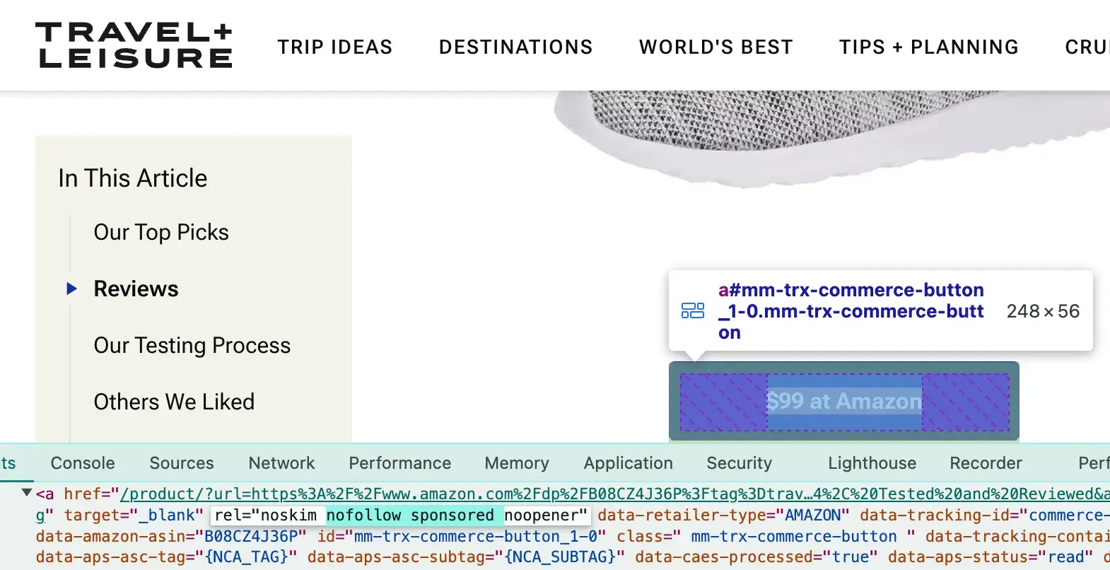 Inspect Element tool showing the nofollow and sponsored tags on a Travel + Leisure web page