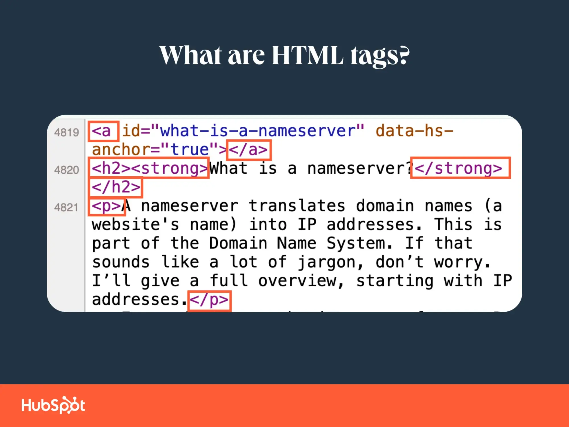 What are HTML tags? graphic with HTML tags highlighted in the source code