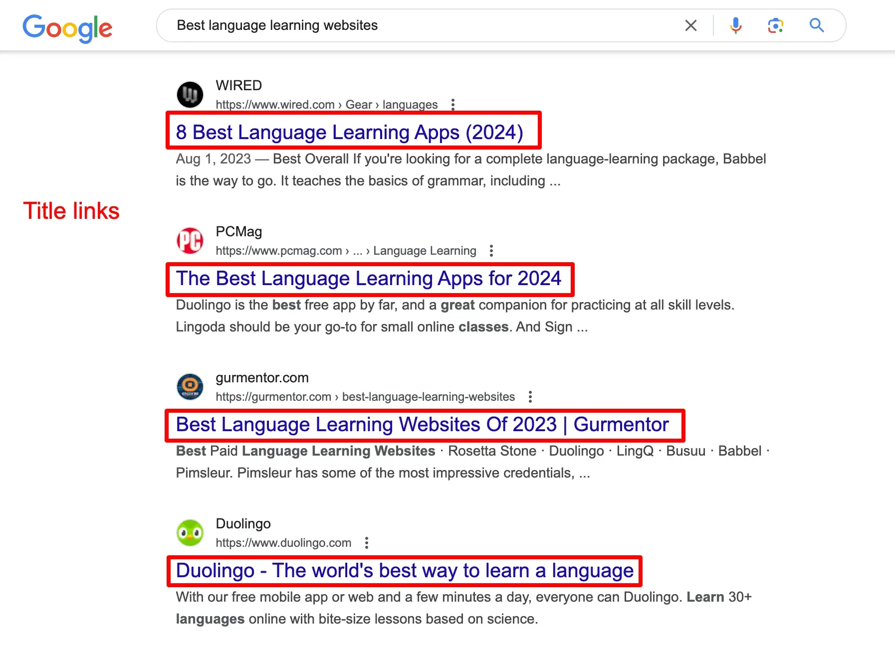 The first four Google results for the term best language learning websites with title links highlighted