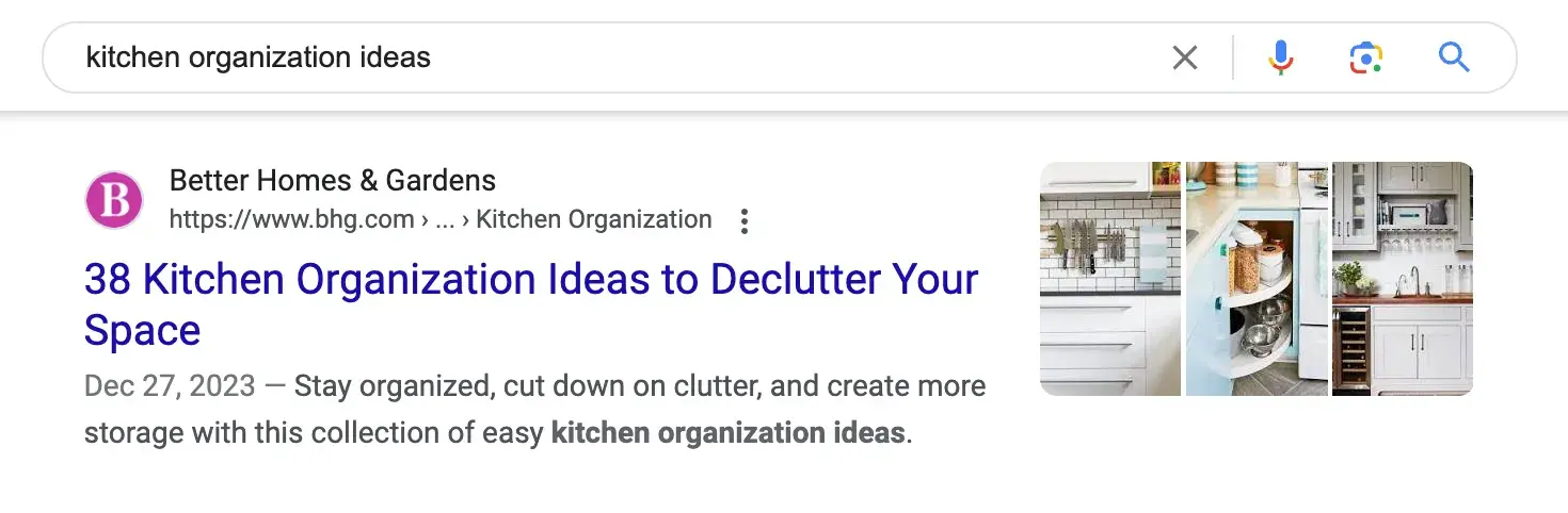 The Better Homes & Gardens Google Search result for the term kitchen organization ideas