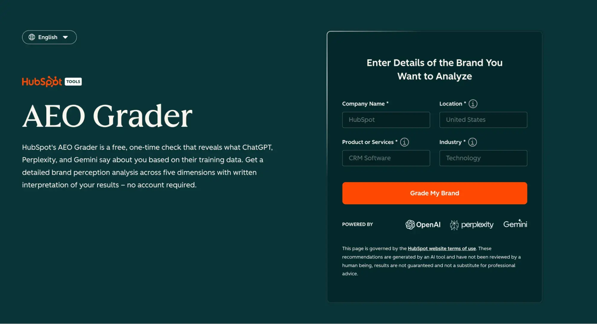 HubSpot AEO Grader form with fields for company name, location, industry, and product details