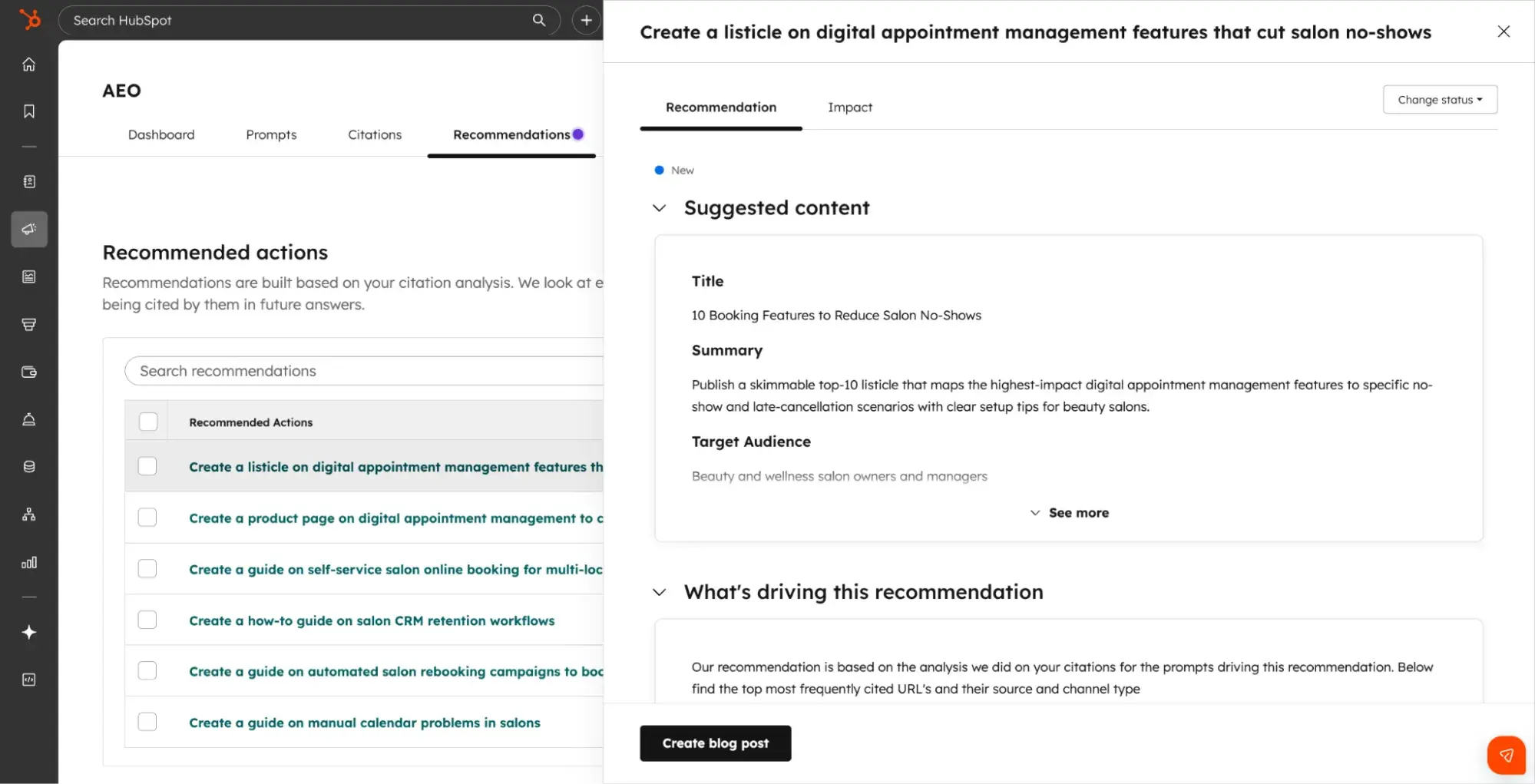 HubSpot AEO vs SE Ranking; HubSpot AEO recommendations tab with actionable content suggestions and impact analysis for salon appointment management content