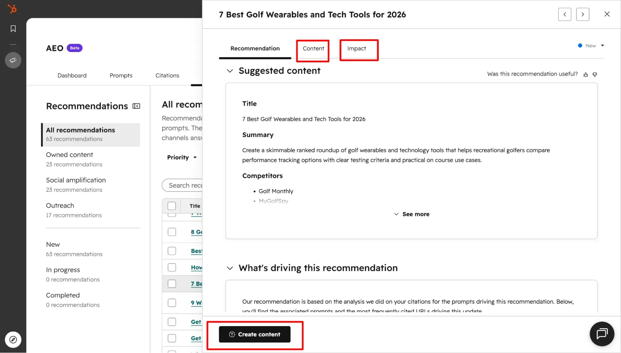 HubSpot AEO Recommendations tab, showing a content brief, plus the button to create content and the tab to measure the content’s impact