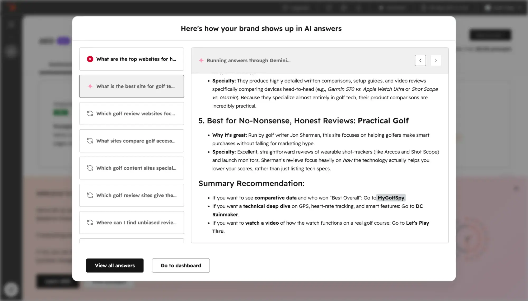 HubSpot AEO dashboard showing how golf brand appears in AI-generated answers across answer engines