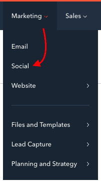 O menu suspenso de marketing na HubSpot com a seta vermelha apontada para a ferramenta Social