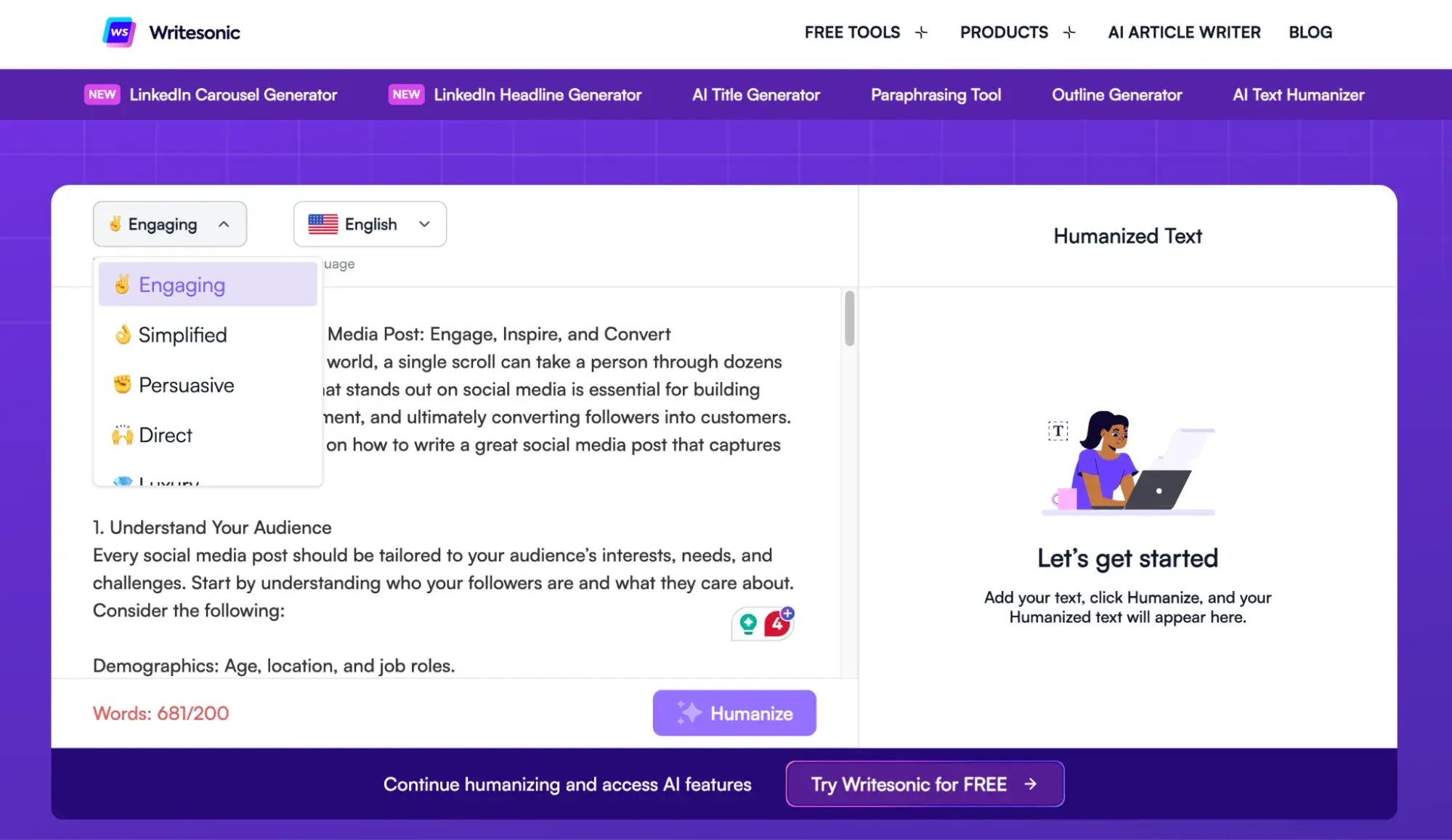 screenshot showing the tone options in writesonic’s ai content humanizer tool.