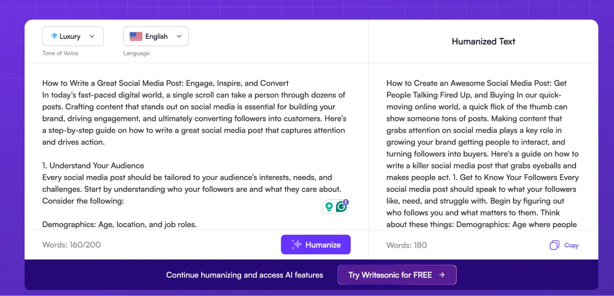 screenshot showing the results of writesonic’s ai humanizer in the “luxury” tone of voice.