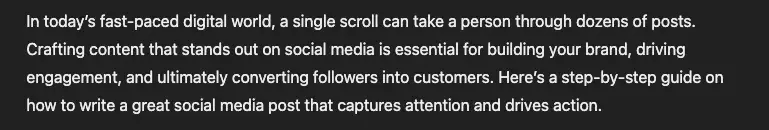 screenshot showing an introduction written by chatgpt about writing social media posts.