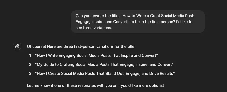 screenshot showing how chatgpt rewrote a blog title to be in the first-person.