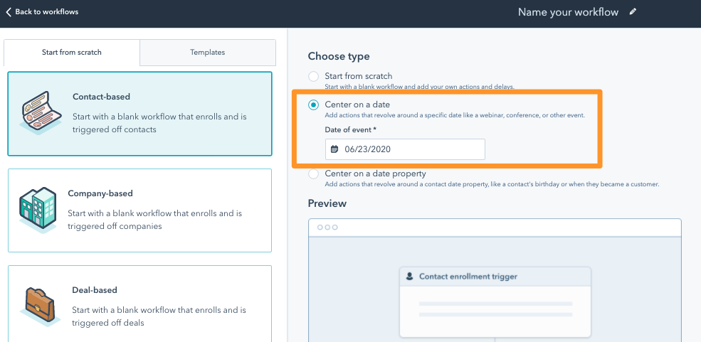 Screenshot of a contact-based workflow with "Center on a date" highlighted.