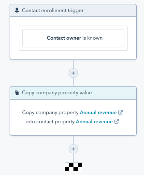 Screenshot of a workflow in HubSpot that copies a company property into a contact property if the contact owner is known.
