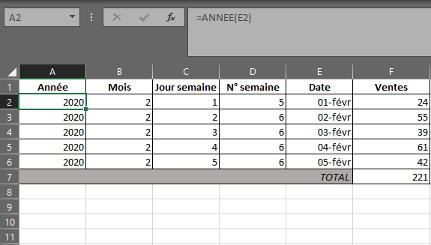 Fonction ANNEE dans Excel