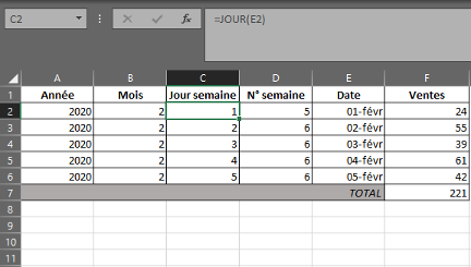 Fonction JOUR dans Excel