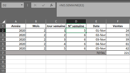Fonction NO.SEMAINE dans Excel