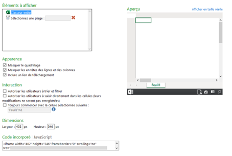 Modification d'incorporation d'un fichier Excel Online