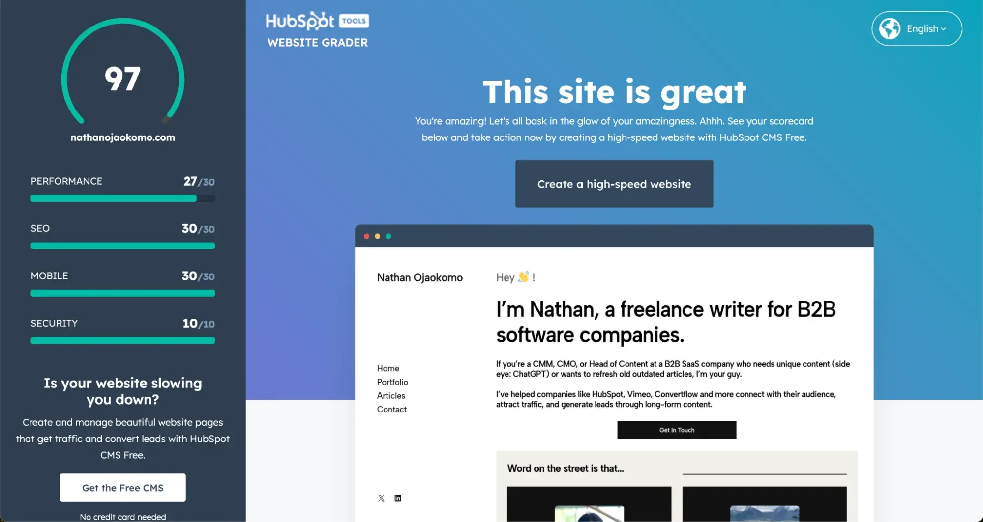 ̽ѡs Website Grader performance result for nathanojaokomo.com