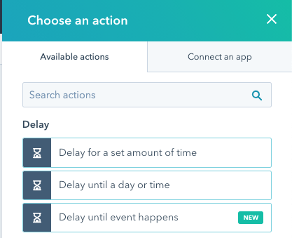 A list of available actions including "Delay until event happens"