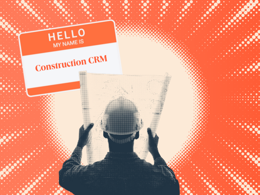  a hubspot featured image of a halftone blue and white construction worker holding a plan in his hands next to a nametag that says hello my name is construction CRM 