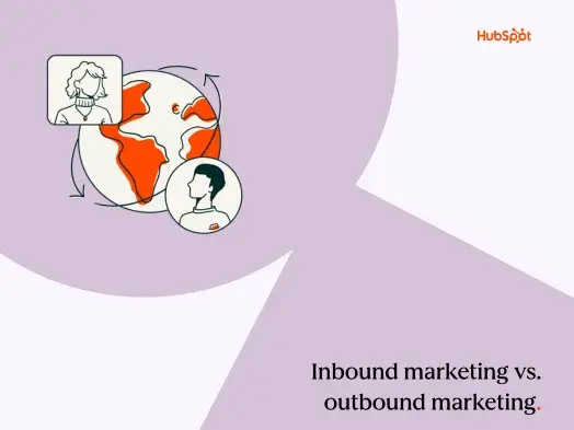 a HubSpot-branded featured image with a light pink background and dusty pink geometric shapes in the foreground, with the words ��inbound marketing vs. outbound marketing�� in the bottom right corner and a pictogram of a planet with arrows going around it in the upper left-hand corner