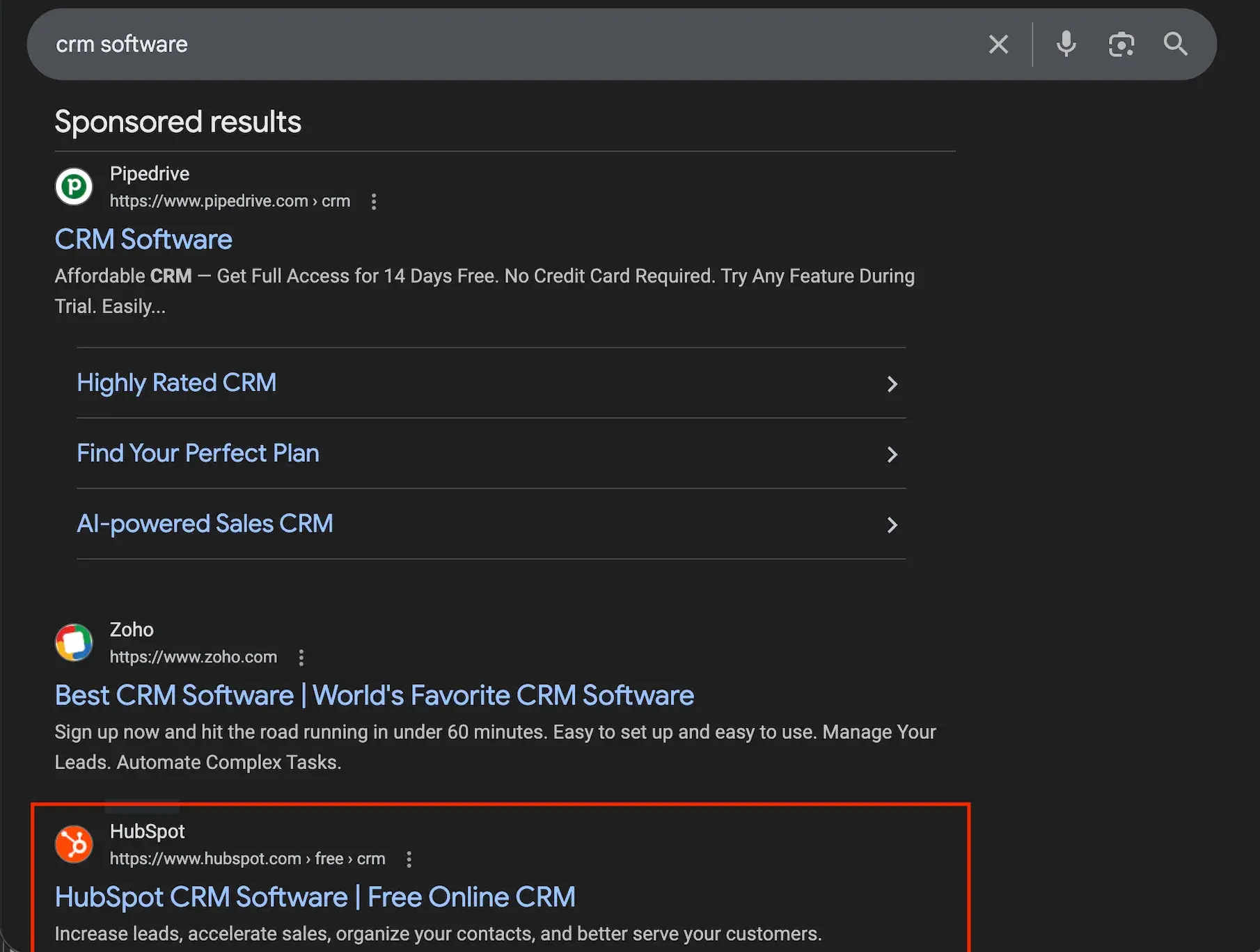 a screenshot of a google search for ��crm software��, highlighting hubspot��s excellent outbound marketing strategy