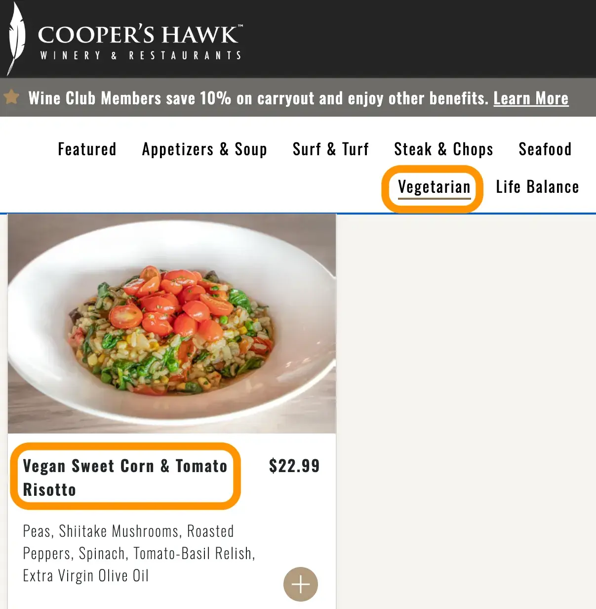 inclusive ecommerce website examples: Coopers Hawk vegan dish