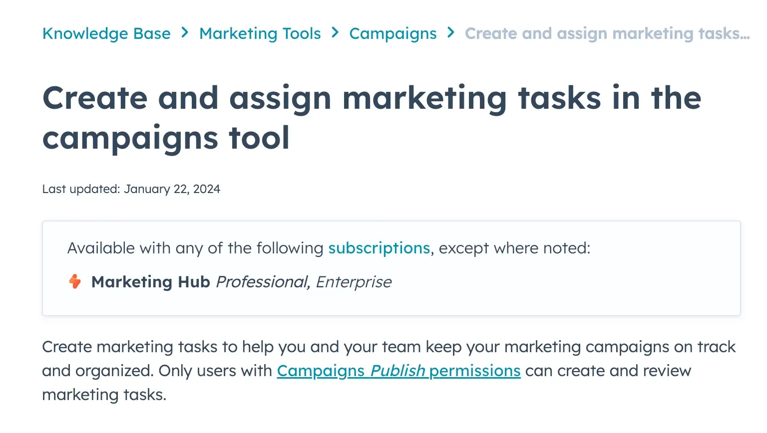 Screencap of ̽ѡ Knowledge Base article Create and assign marketing tasks in the campaigns tool.