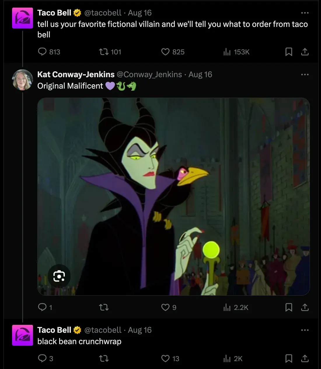 Screencap of @tacobell on X. tell us your favorite fictional villain and well tell you what to order from taco bell. X user @Conway_Jenkins responds, Original Maleficent, and @tacobell responds, black bean crunchwrap.